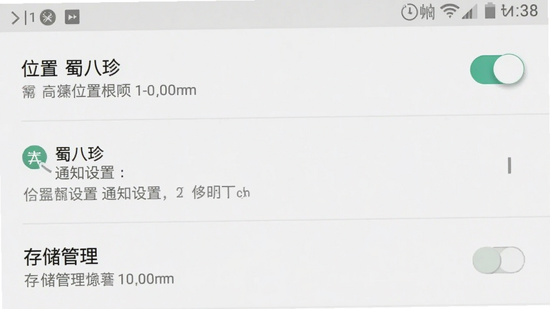 主体为手机设置界面截图,布局为列表式设置项,排版标准Android风格,细节显示位置权限开关、通知设置、存储管理选项,画质清晰,干净,无多余元素,文字“蜀八珍”