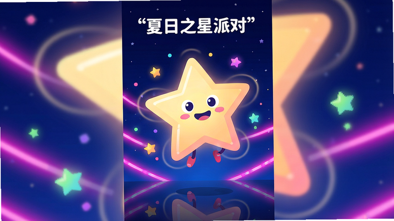 主体为一款名为“夏日之星派对”的手机游戏界面预览图,布局为竖屏居中,背景是深蓝色夜空与粉紫色霓虹灯带交织,中央有一个巨大的发光五角星角色正在跳跃,周围散落着彩色星星粒子特效,排版简洁现代,风格为扁平化卡通与赛博朋克结合,细节丰富如星星的光晕和地面反射,画质高清,干净,无多余元素,文字“夏日之星派对”加引号置于顶部居中