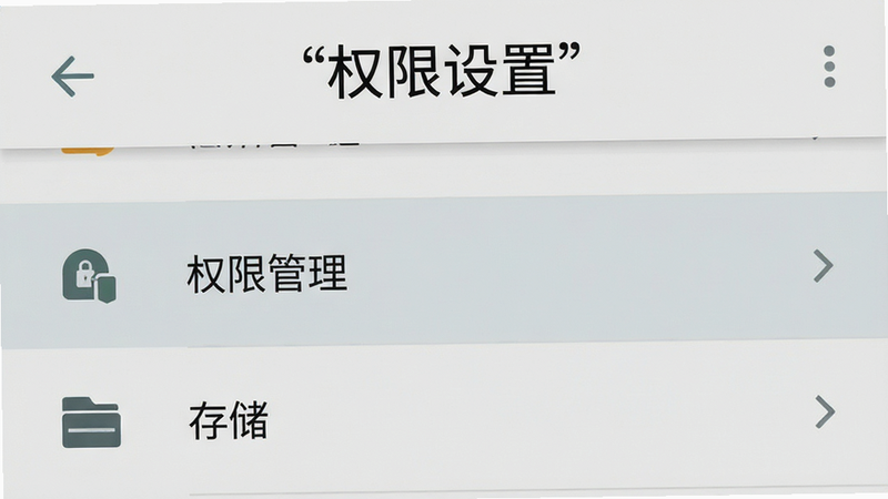 主体为手机设置界面截图,布局为列表形式,高亮显示“权限管理”和“存储”选项,背景为浅灰色,排版清晰易读,风格为Material Design,细节展现图标与文字的清晰度,画质清晰,干净,无多余元素,文字“权限设置”加引号在顶部