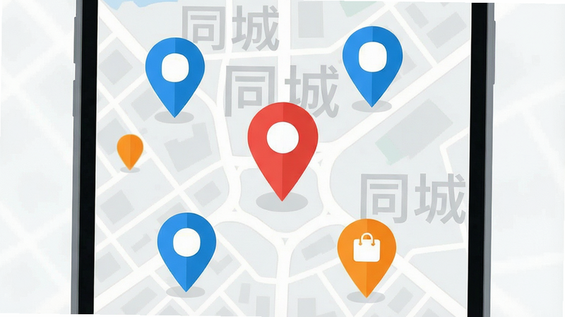 现代扁平化设计图,展示手机地图界面,中心有红色定位图标,周围散布着代表不同商品的蓝色和橙色标记点,背景为浅灰色城市地图网格,清晰标注“同城”字样,视觉焦点集中,线条流畅,高清晰度