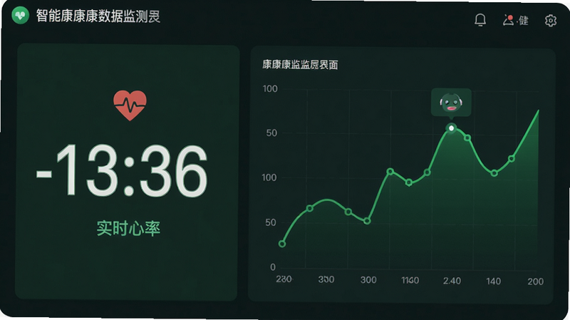 智能康康数据监测界面,左侧显示实时心率数字,右侧为折线图,绿色健康色调,扁平化设计,清晰易读,高清细节