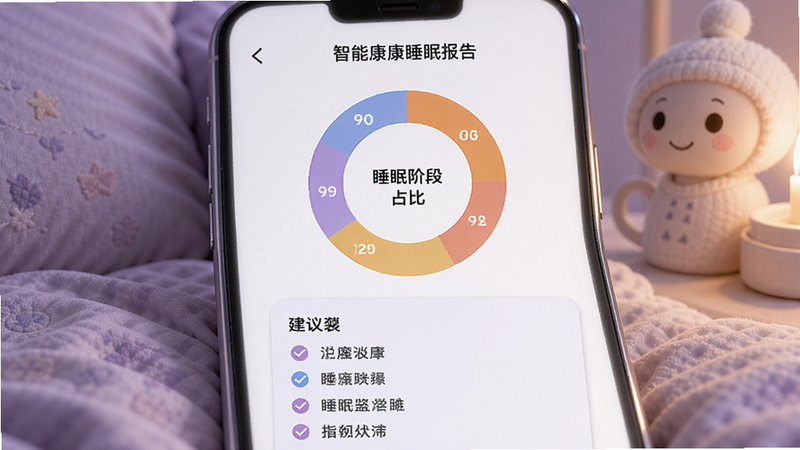 智能康康睡眠报告页面,环形图展示睡眠阶段占比,下方列出建议列表,柔和紫色背景,温馨舒适风格,高清渲染