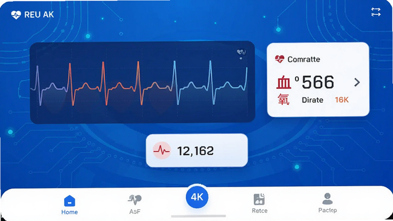 智能康康APP主界面预览图,蓝色科技风格背景,中央显示心率波形图与血氧数值卡片,底部导航栏清晰可见,高清矢量风格,简洁现代,无多余装饰,4k画质