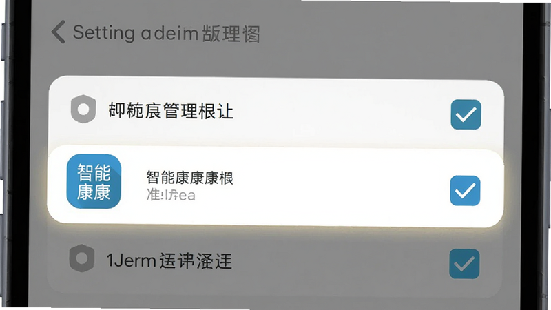 手机设置界面示意图,显示权限管理选项,智能康康图标高亮显示,简洁扁平风格,清晰标注勾选状态