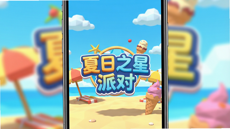 主体为一部竖屏智能手机,屏幕内显示着色彩鲜艳、充满夏日气息的3D卡通游戏界面,画面中央是“夏日之星派对”的Logo,周围环绕着沙滩、遮阳伞和冰淇淋元素,背景为明亮的蓝天,整体布局居中对称,排版清晰,风格为清新可爱的低多边形(Low Poly)3D渲染风格,细节丰富,光影柔和,画质高清,干净无多余元素,文字为引号内的“夏日之星派对”