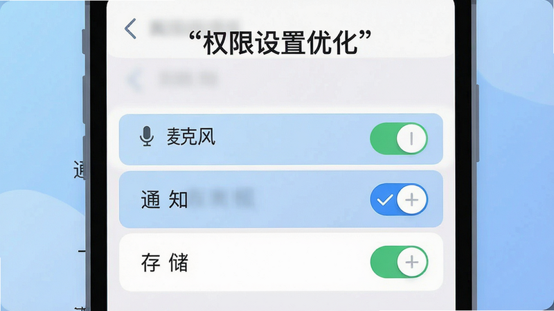 主体为手机设置界面截图风格的插画,显示着权限管理列表,其中“麦克风”、“通知”、“存储”权限被高亮勾选,背景为柔和的蓝色渐变,视角为正面平视,布局清晰直观,风格为扁平化UI设计,细节包括开关按钮的状态指示,画质清晰,干净,无多余元素,文字为引号内的“权限设置优化”