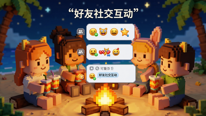 主体为四个卡通角色围坐在沙滩篝火旁,中间是游戏内的聊天界面气泡,显示着各种表情包和文字,背景是星空下的海滩,视角为平视特写,布局紧凑温馨,风格为温暖可爱的像素风与3D结合,细节包括角色手中的饮料和篝火跳动的火焰,画质细腻,干净,无多余元素,文字为引号内的“好友社交互动”