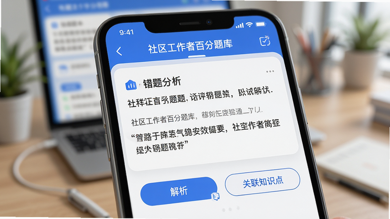“社区工作者百分题库”APP的错题本界面特写,屏幕中央显示一道错题,下方有“解析”和“关联知识点”按钮,背景虚化处理,突出前景的清晰文字,体现智能分析功能,现代简约风格,细节丰富,高清画质