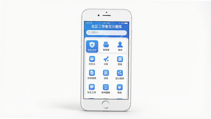 一部白色智能手机竖立在纯白背景中央,屏幕显示“社区工作者百分题库”应用界面,顶部有清晰的搜索栏,下方是分类明确的题库列表,图标设计简洁现代,蓝色为主色调,体现专业与科技感,高清写实风格,无多余装饰,画面干净明亮