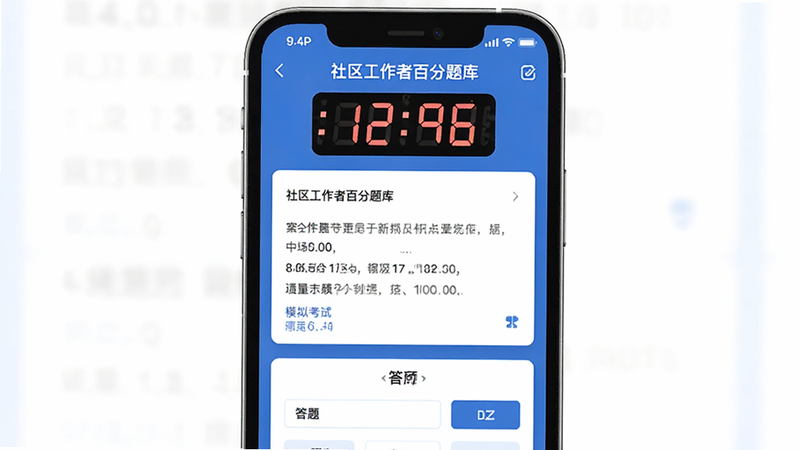“社区工作者百分题库”APP的模拟考试界面,顶部显示倒计时时钟,中部为试题内容,底部为答题卡,界面简洁严肃,体现考试的专业性,蓝色背景,白色卡片,高清UI设计,无干扰元素