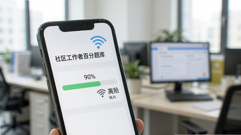 一部手机正在下载“社区工作者百分题库”的题目包,屏幕显示进度条90%,旁边有一个Wi-Fi图标和一个离线标识,背景为模糊的办公室场景,暗示随时随地可学,写实风格,光影柔和,清晰度高