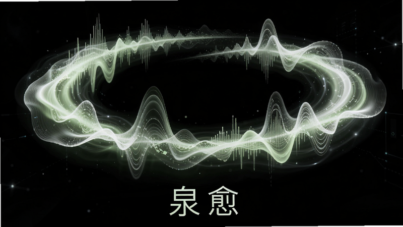 主体为抽象的声波可视化图形,布局呈环绕式分布,排版具有流动感,风格科技感与自然风结合,细节处呈现淡绿色与白色的光波,画质细腻,干净,无多余元素,背景为深空黑,文字“泉愈”位于底部,整体展现声音的流动感