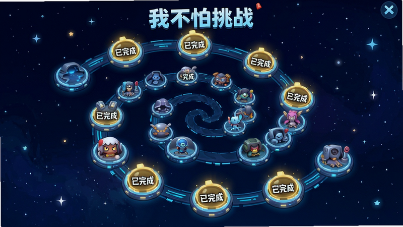 展示游戏《我不怕挑战》的关卡选择界面,背景为深蓝色星空,关卡以螺旋状排列,每个节点代表一个关卡,部分节点点亮显示“已完成”,风格为科技感与卡通结合,布局整齐,细节清晰,画质极高,干净无杂乱元素