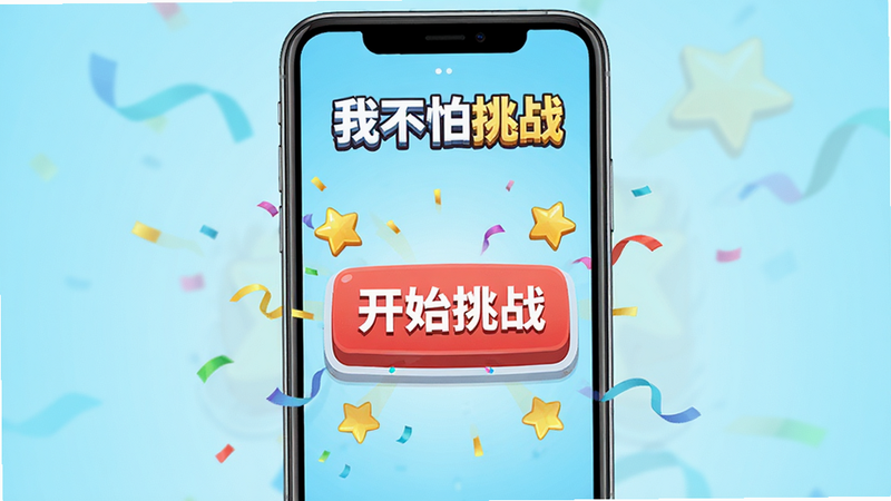主体为一部竖屏智能手机,屏幕中央显示游戏《我不怕挑战》的主界面,背景为清新的浅蓝色渐变,中间有一个巨大的红色按钮写着“开始挑战”,按钮周围环绕着金色的星星和彩带,风格为扁平化卡通设计,细节精致,画质高清,干净无多余元素