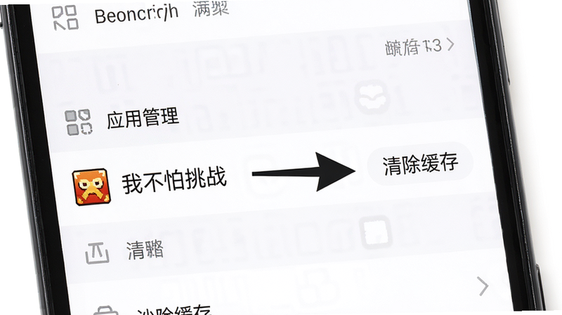 展示手机设置界面,重点高亮“应用管理”中的“我不怕挑战”选项,旁边有箭头指向“清除缓存”按钮,背景为白色,风格简洁直观,细节清晰,画质高清,干净无多余元素