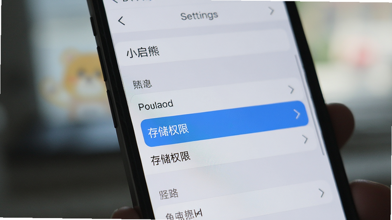 一部智能手机屏幕上显示小启熊的设置界面,其中“存储权限”选项被高亮选中,背景模糊处理,风格为真实感摄影,高清,干净,无多余元素