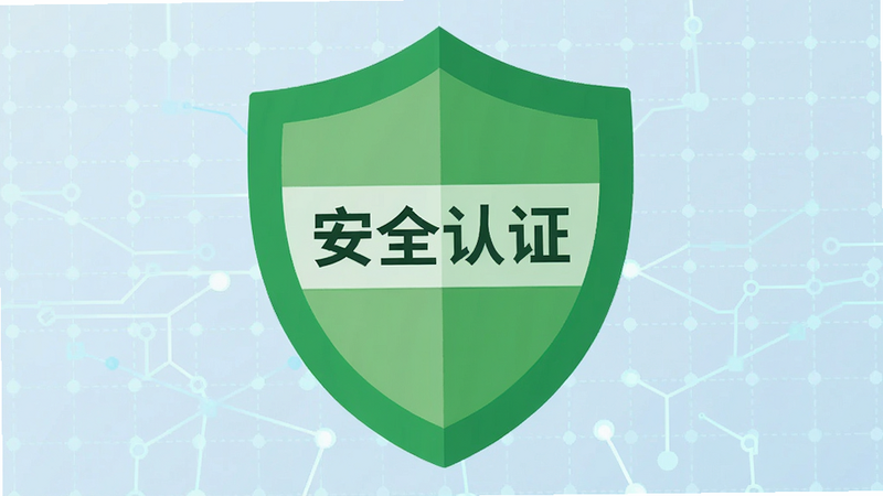 一个绿色的安全盾牌图标,中间写着“安全认证”字样,背景为浅蓝色科技网格,风格为扁平化图标,高清,干净,无多余元素