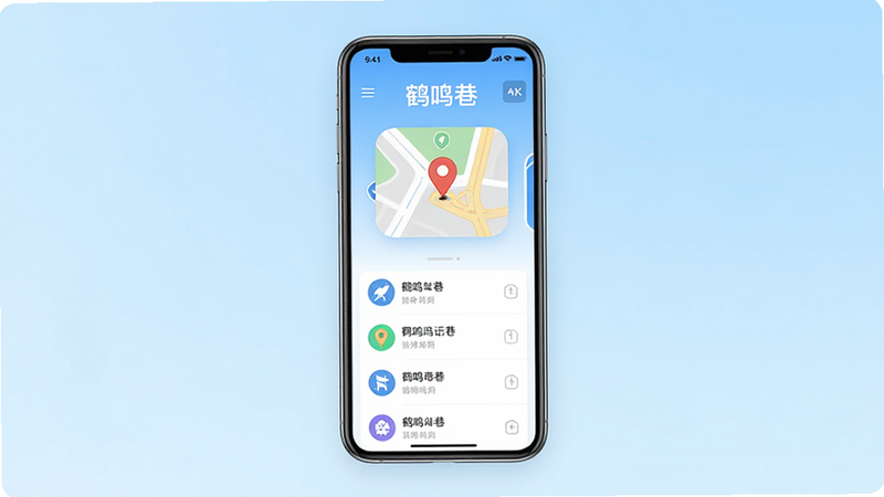 主体为鹤鸣巷APP的手机界面展示,布局居中,背景为柔和的浅蓝色渐变,排版简洁现代,风格为扁平化UI设计,细节包含清晰的地图图标与列表元素,画质4K,干净无多余元素,文字“鹤鸣巷”清晰可见