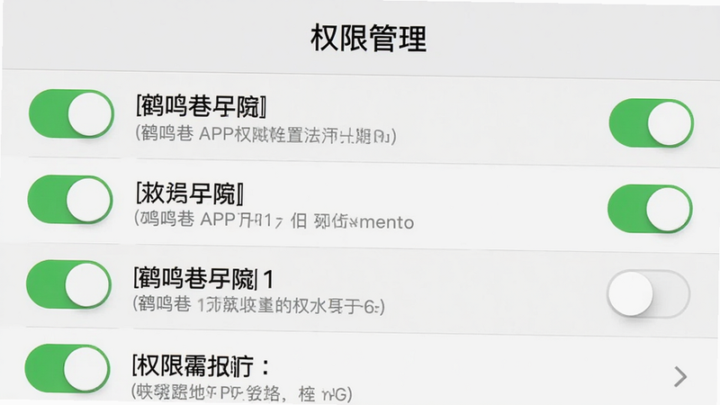 主体为鹤鸣巷APP的权限设置界面,布局为列表形式,背景为浅灰色,排版紧凑清晰,风格为系统原生风,细节展示开关按钮与权限描述,画质清晰,干净无干扰,文字“权限管理”居中