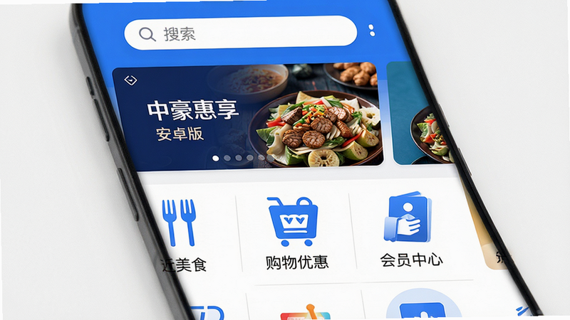 中豪惠享安卓版APP整体界面预览,展示首页布局,包含顶部搜索栏、中间轮播图广告位、下方网格状的功能入口图标,如“附近美食”、“购物优惠”、“会员中心”,背景为清爽的白色与品牌蓝搭配,风格现代简约,高清,无多余元素,文字清晰可见,主体突出,排版整齐,细节丰富,画质干净