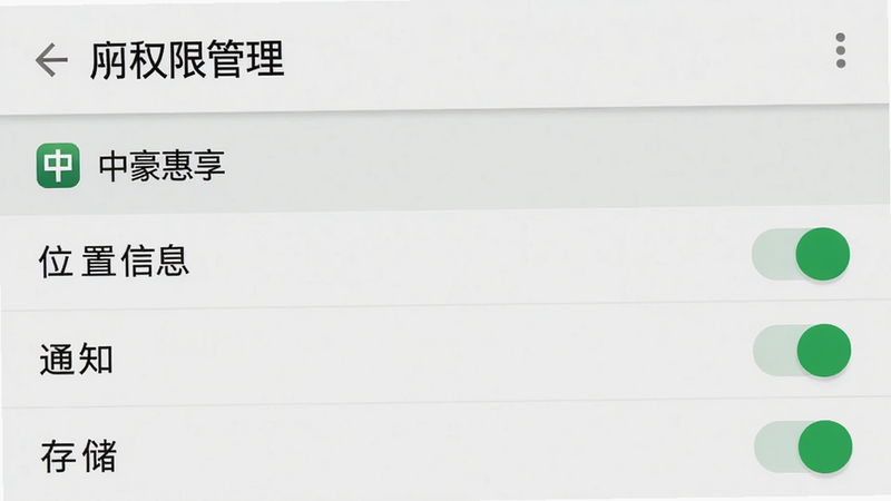 安卓手机设置界面截图,显示“应用权限管理”页面,选中“中豪惠享”,下方列出“位置信息”、“通知”、“存储”等权限开关,均处于开启状态,界面简洁清晰,背景为浅色模式,高清,无水印,主体突出,文字“权限管理”清晰,细节完整,排版整齐