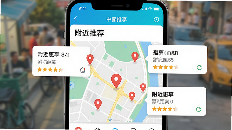 手机屏幕特写,显示中豪惠享APP的“附近推荐”页面,地图上标注着多个红色定位点,代表不同商家,旁边弹出卡片显示商家名称、距离和评分,UI界面扁平化设计,色彩明快,背景模糊处理以突出前景APP界面,高清,细节清晰,无噪点,主体居中,布局合理,文字“附近推荐”清晰
