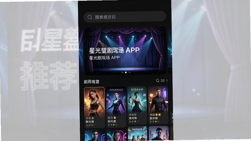 一张展示星光剧场APP主界面的高清截图,布局采用顶部搜索栏、中部轮播大图推荐、下方网格状剧目列表,整体风格为深色模式,科技感强,文字清晰,画质4k,无多余水印,干净简洁