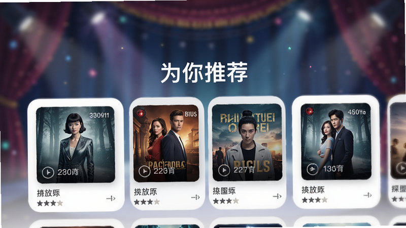 星光剧场APP的个性化推荐页面,界面中央显示“为你推荐”字样,下方排列着根据用户喜好匹配的剧集卡片,卡片上有播放时长和评分,视觉焦点集中在中心区域,背景模糊处理突出主体,风格清新,高清