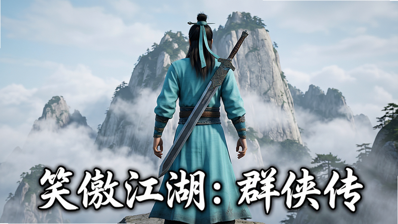 主体为游戏《笑傲江湖:群侠传》的高清主视觉海报,布局采用中心对称式,排版简洁大气,风格为写实3D渲染,细节包含一位身着青色长袍的剑客背影,背景是云雾缭绕的华山之巅,画质4K,干净,无多余元素,文字“笑傲江湖:群侠传”位于底部居中,字体为书法体,白色描边。
