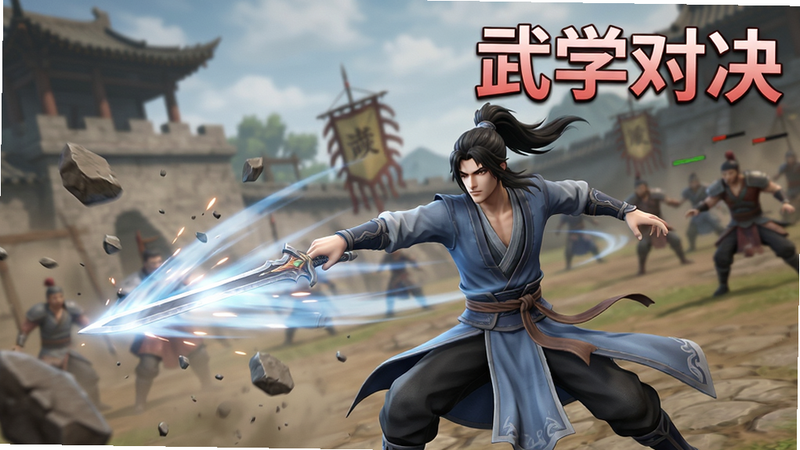 主体为游戏《笑傲江湖:群侠传》的战斗场景截图,布局为动态斜切构图,排版紧凑,风格为动感3D动作风格,细节包含一名角色正在施展剑气,周围有碎石飞溅,背景是模糊的古战场,画质高清,干净,无多余元素,文字“武学对决”位于右上角,红色醒目字体。