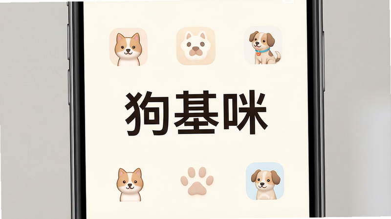 一张展示狗基咪应用主界面的高清预览图,主体为手机屏幕,屏幕内显示简洁的浅色背景界面,中央有“狗基咪”三个醒目大字,周围点缀着柔和的卡通元素图标,布局居中对称,排版清爽,风格清新简约,细节精致,画质高清,干净,无多余元素
