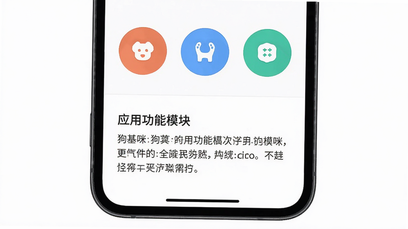 展示狗基咪应用功能模块的界面图,主体为手机屏幕,界面分为上下两部分,上部为三个圆形功能按钮,下部为文字说明区域,布局紧凑有序,排版工整,风格现代扁平,细节清晰,画质高清,干净,无多余元素