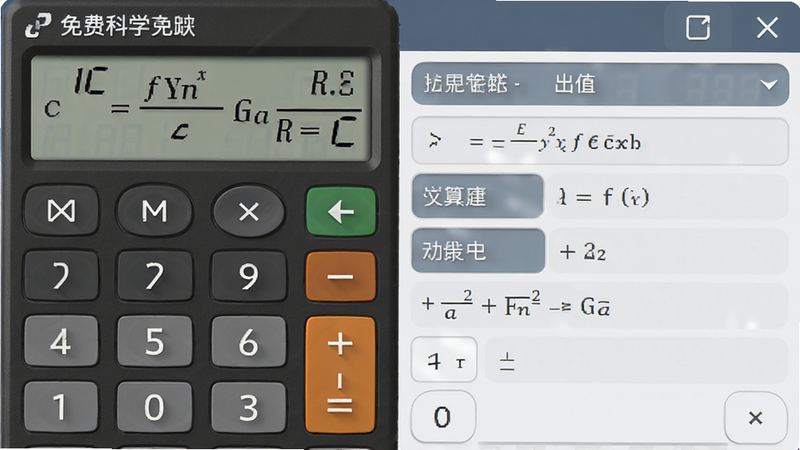 主体为计算器免费智能的科学计算界面,布局包含函数键与变量区,排版逻辑严密,风格专业严谨,细节展示公式符号,画质锐利,干净,无多余元素