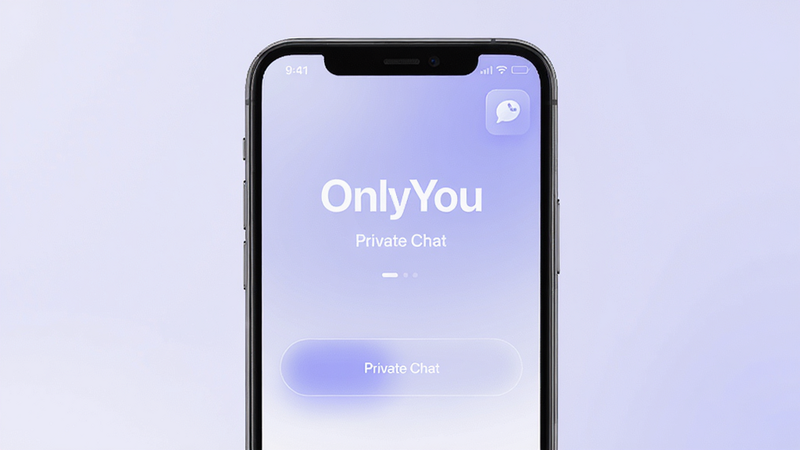 主体为OnlyYou安卓应用的高保真UI界面展示,布局采用中心对齐模式,背景为柔和的淡紫色渐变,突出显示“OnlyYou”Logo及核心功能按钮,排版极简主义,风格现代清新,细节处体现玻璃拟态质感,画质4k高清,干净无多余元素,文字内容包含