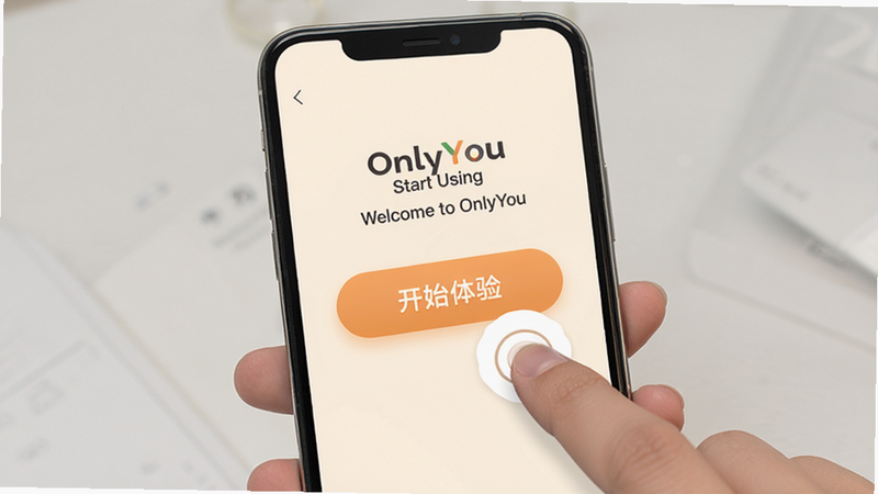 主体为手机屏幕显示OnlyYou应用安装成功后的引导界面,布局简洁,背景为浅色,中央显示大大的“开始体验”按钮,风格友好亲切,细节处有手指点击动作示意,画质清晰,干净,无干扰元素,文字显示