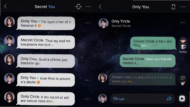 主体为OnlyYou应用内的私密群组聊天界面截图,布局左侧为消息列表,右侧为群聊详情,背景为深色模式下的星空纹理,风格神秘而温馨,细节显示头像和气泡消息,画质超清,干净,无水印,文字显示