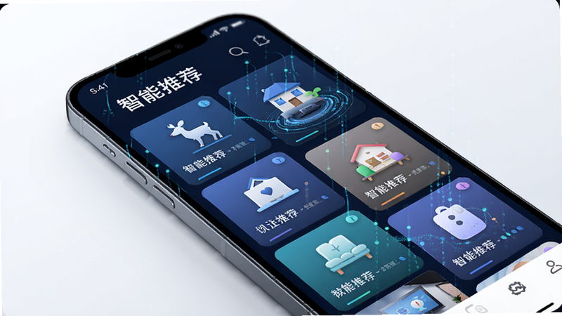 展示鹿公子APP的智能推荐界面,主体为手机屏幕,布局采用瀑布流设计,每个卡片展示不同的生活场景图标,风格科技感强,细节处有数据流动的视觉特效,画质清晰,干净,无多余元素,文字包含