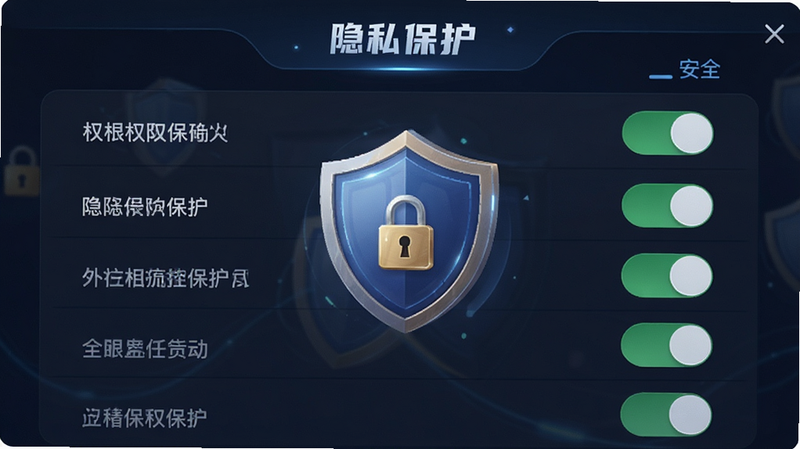 鹿公子隐私设置界面,主体为权限开关列表,布局整齐,风格安全盾牌元素点缀,细节处有锁形图标高亮,画质清晰,干净,无多余元素,文字包含