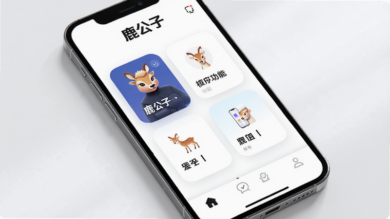 主体为鹿公子APP的手机屏幕展示界面,布局清晰,顶部显示应用名称,中间为核心功能模块卡片,底部为导航栏,风格简约现代,细节处有柔和的光影效果,画质高清,干净,无多余元素,文字包含