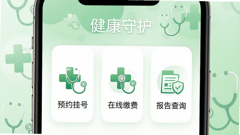 展示手机医疗模块界面,包含“预约挂号”、“在线缴费”、“报告查询”等功能入口,图标设计为绿色十字与听诊器元素,界面清爽,文字标注“健康守护”,背景为浅绿色渐变,体现医疗专业感,高清渲染,无杂乱线条