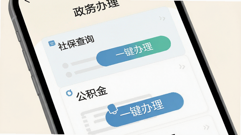 描绘一个手机屏幕上的政务办理界面,显示“社保查询”和“公积金”模块,界面设计扁平化,按钮清晰可见,文字标注“一键办理”,背景为柔和的米白色,突出操作便捷性,高清矢量风格,细节精致,无多余装饰