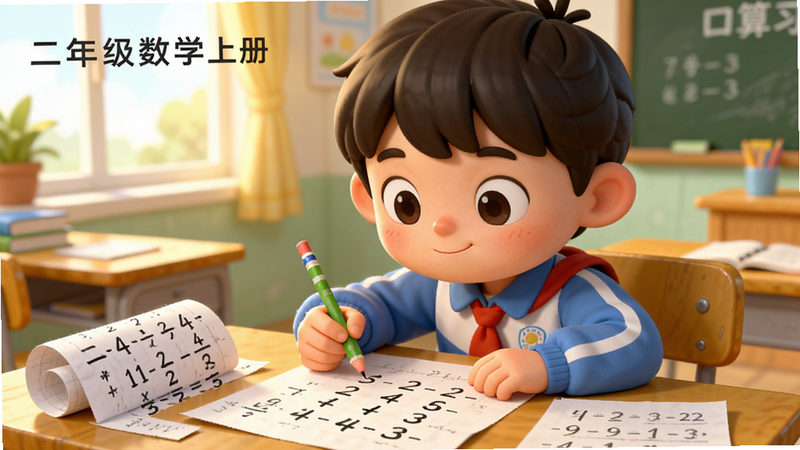 一张充满活力的教育插画,主体是一个可爱的卡通小学生正在专注地做数学题,桌上放着写满算式的草稿纸,背景是明亮的教室场景,色调温暖温馨,体现“二年级数学上册”的口算练习场景,构图平衡,色彩鲜艳,细节精致,高清渲染