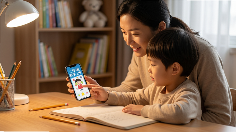 一张温馨的家庭学习场景图,家长正在指导孩子使用手机上的“二年级数学上册”应用进行练习,桌上放着笔记本和铅笔,背景是书架,光线柔和,氛围专注而和谐,体现“安卓版”应用的家庭互动场景,高清写实,细节丰富