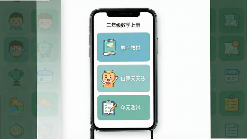 一张高清扁平化风格的手机应用界面展示图,主体为白色背景,中央显示一部现代智能手机,屏幕内清晰展示“二年级数学上册”的应用首页,界面分为“电子教材”、“口算天天练”、“单元测试”三个大板块,图标设计简洁卡通,配色采用柔和的蓝绿色系,整体排版整齐有序,光影柔和,画质超清,无多余装饰元素