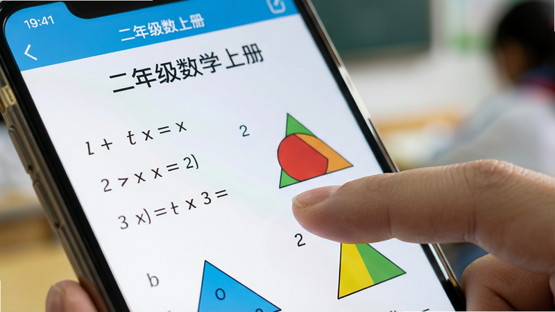 一张特写镜头,展示手机屏幕上“二年级数学上册”的电子教材页面,页面内容包含清晰的数学公式和彩色几何图形,手指正在屏幕上轻轻滑动,背景虚化处理,突出屏幕内容的清晰度与专业性,光线明亮,风格写实,细节丰富,画质细腻