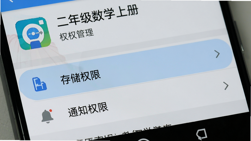 一张手机设置界面的特写,显示“二年级数学上册”应用的权限管理页面,重点高亮“存储权限”和“通知权限”选项,界面清晰简洁,背景为浅灰色,体现“安卓版”系统的设置风格,无多余文字,高清画质