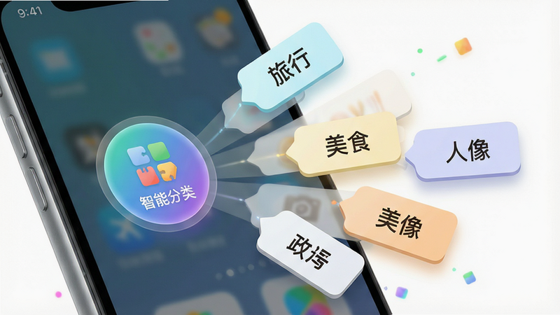 概念图展示智能分类功能。主体为手机屏幕特写,屏幕左侧显示一个圆形的“智能分类”图标,右侧展开多个悬浮的标签卡片,卡片上清晰写着“旅行”、“美食”、“人像”等字样。布局呈现放射状扩散效果,排版轻盈通透,风格科技感与亲和力并存。细节上标签卡片带有轻微的阴影和圆角,色彩清新明亮,画质锐利,背景为纯白色,强调分类的精准与便捷。