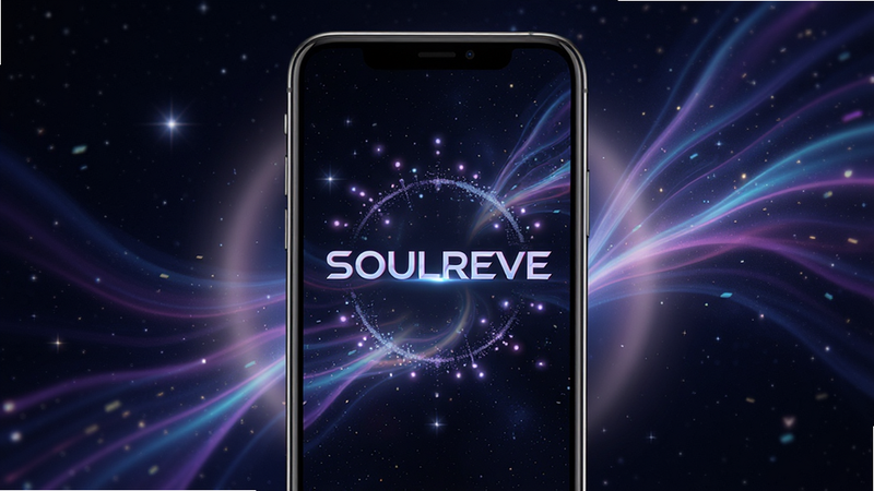 主体为手机屏幕中央显示'SOULREVE'标题的艺术化界面,背景为深邃星空与流动的光带,布局居中对称,排版简洁大气,风格为赛博朋克与梦幻结合,细节包含发光的粒子效果与柔和的光晕,画质高清,干净,无多余元素