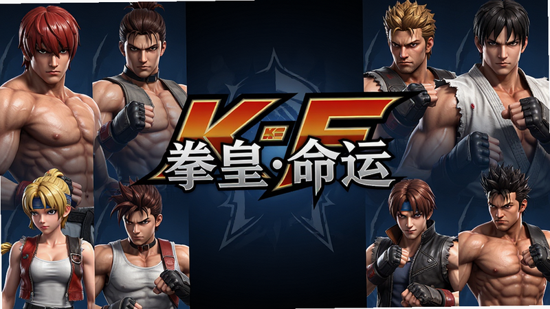 主体为拳皇命运游戏主界面,布局居中展示KOF标志与热门角色立绘,排版清晰大气,风格为高保真3D渲染,细节展现角色肌肉线条与光影效果,画质高清,干净,无多余元素,文字“拳皇命运”居中显示