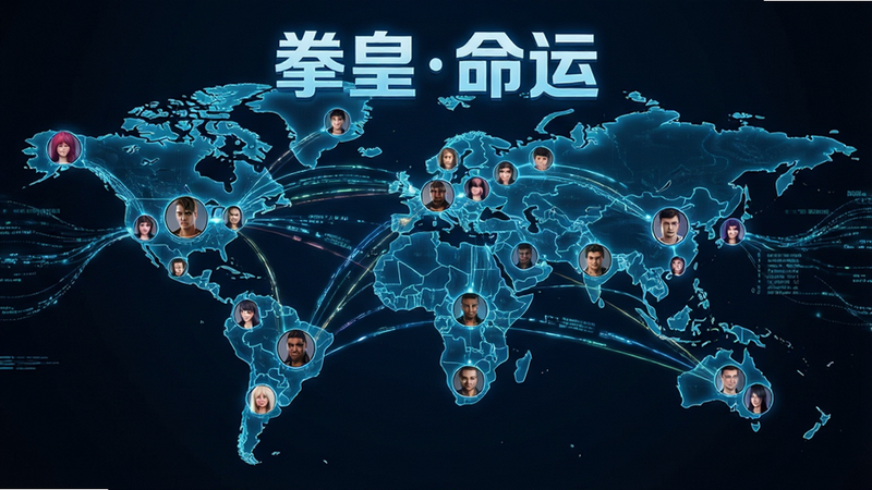 主体为拳皇命运全球地图背景,布局展示不同地区玩家头像连接,排版科技感线条,风格为数字网络视觉,细节展示数据流动效果,画质清晰,干净,无多余元素,文字“拳皇命运”悬浮于上方